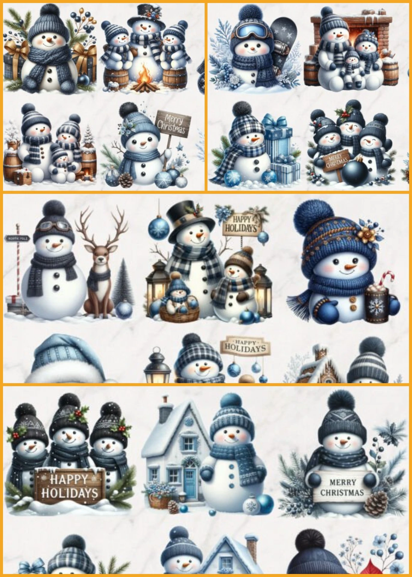 Blue Snowman Clipart bundle with 52 high-res PNGs in solid and distressed styles. Perfect for sublimation, crafts, and POD. Instant download.