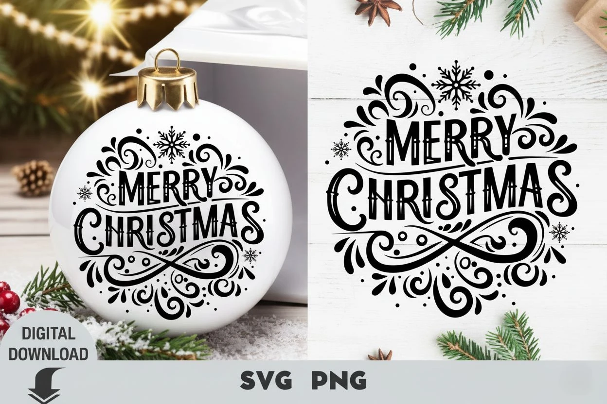 Elegant Merry Christmas SVG design featuring decorative swirls and snowflakes displayed on a white Christmas ornament—perfect for holiday crafts, Cricut projects, Christmas decorations, and festive digital downloads.