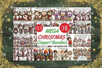 Mega Christmas clipart bundle with 53 whimsical holiday PNG packs, including quirky Christmas cats, funny owls, winter kids, teddy bears, gnomes, boys, girls, dogs, and Christmas trees. Cute hand-drawn Christmas illustrations ideal for sublimation, crafts, DIY projects, stickers, and holiday designs.