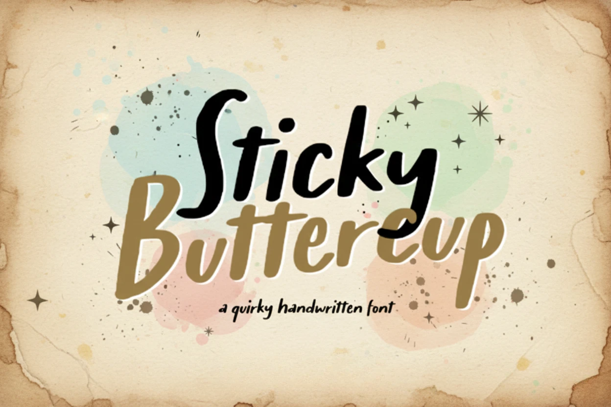 Sticky Buttercup quirky handwritten font display on a vintage paper background with colorful shapes and whimsical decorative splashes.