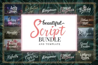 Beautiful Script Font Bundle and Template featuring a large collection of modern handwritten, calligraphy, brush, and signature script fonts for designers. Includes stylish lettering typefaces perfect for branding, invitations, logos, quotes, and creative projects.
