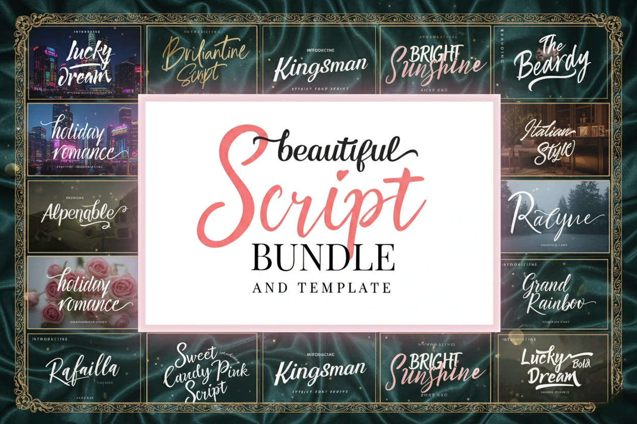 Beautiful Script Font Bundle and Template featuring a large collection of modern handwritten, calligraphy, brush, and signature script fonts for designers. Includes stylish lettering typefaces perfect for branding, invitations, logos, quotes, and creative projects.