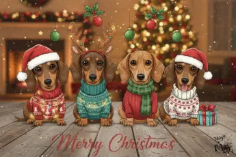 Festive holiday illustration of four cute dachshunds wearing Christmas sweaters, Santa hats, and reindeer antlers, sitting on a wooden floor with ornaments, fairy lights, a Christmas tree, and snowfall, with the text “Merry Christmas.” Perfect for Christmas cards, holiday prints, and festive pet-themed designs.