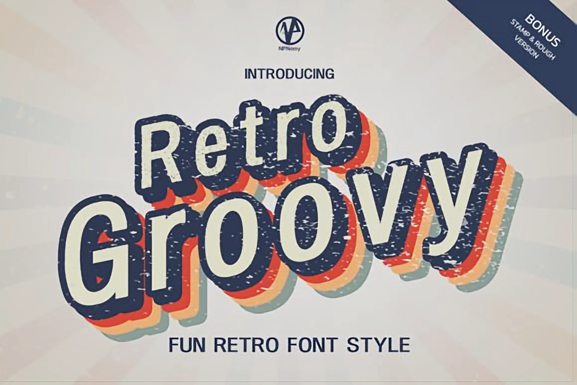 Retro Groovy bold retro font displayed with layered 70s colors and a playful vintage aesthetic for nostalgic designs.