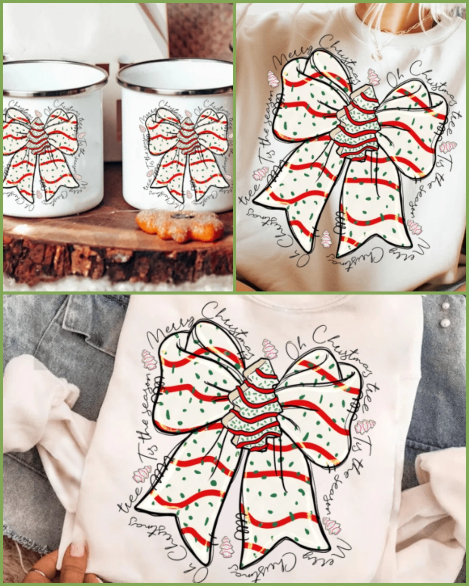 vintage red green Christmas bow clipart with cozy winter lettering