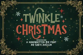 Twinkle Christmas font — a handwritten festive typeface with playful lettering in green and red, decorated with holiday ornaments, pine branches, and winter accents. Perfect for Christmas cards, invitations, and seasonal designs.