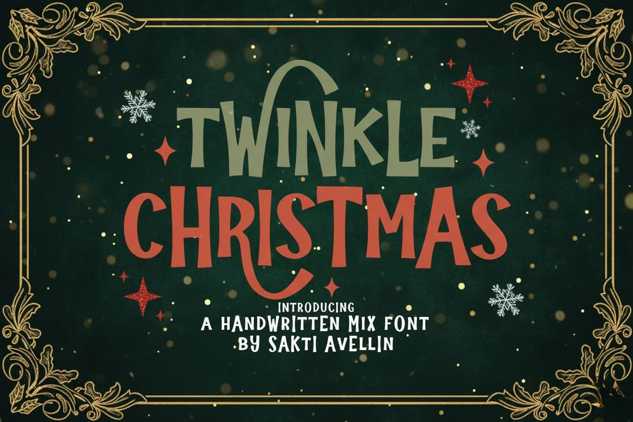 Twinkle Christmas font — a handwritten festive typeface with playful lettering in green and red, decorated with holiday ornaments, pine branches, and winter accents. Perfect for Christmas cards, invitations, and seasonal designs.