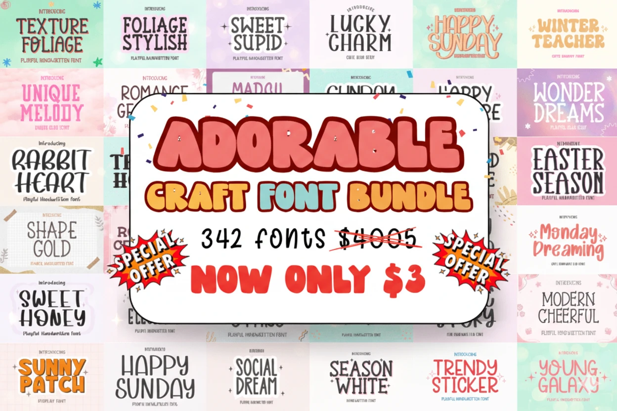A cheerful and colorful promotional image for the “Adorable Craft Font Bundle.” The main text in bold, playful letters reads: “Adorable Craft Font Bundle – 342 Fonts $4005 Now Only $3,” with bright red and yellow “Special Offer” bursts on each side. The background features a collage of cute, whimsical font previews with names like “Texture Foliage,” “Rabbit Heart,” “Sweet Honey,” “Happy Sunday,” “Easter Season,” “Trendy Sticker,” and “Sunny Patch.” The overall design is fun, creative, and vibrant, perfect for crafters and designers looking for playful handmade-style typefaces.