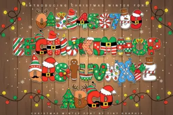 Christmas Winter Font — a colorful festive alphabet and numbers decorated with Santa hats, candy canes, gingerbread, snowflakes, ornaments, and holiday elements. A cute Christmas decorative font perfect for kids’ designs, greeting cards, posters, and winter projects.