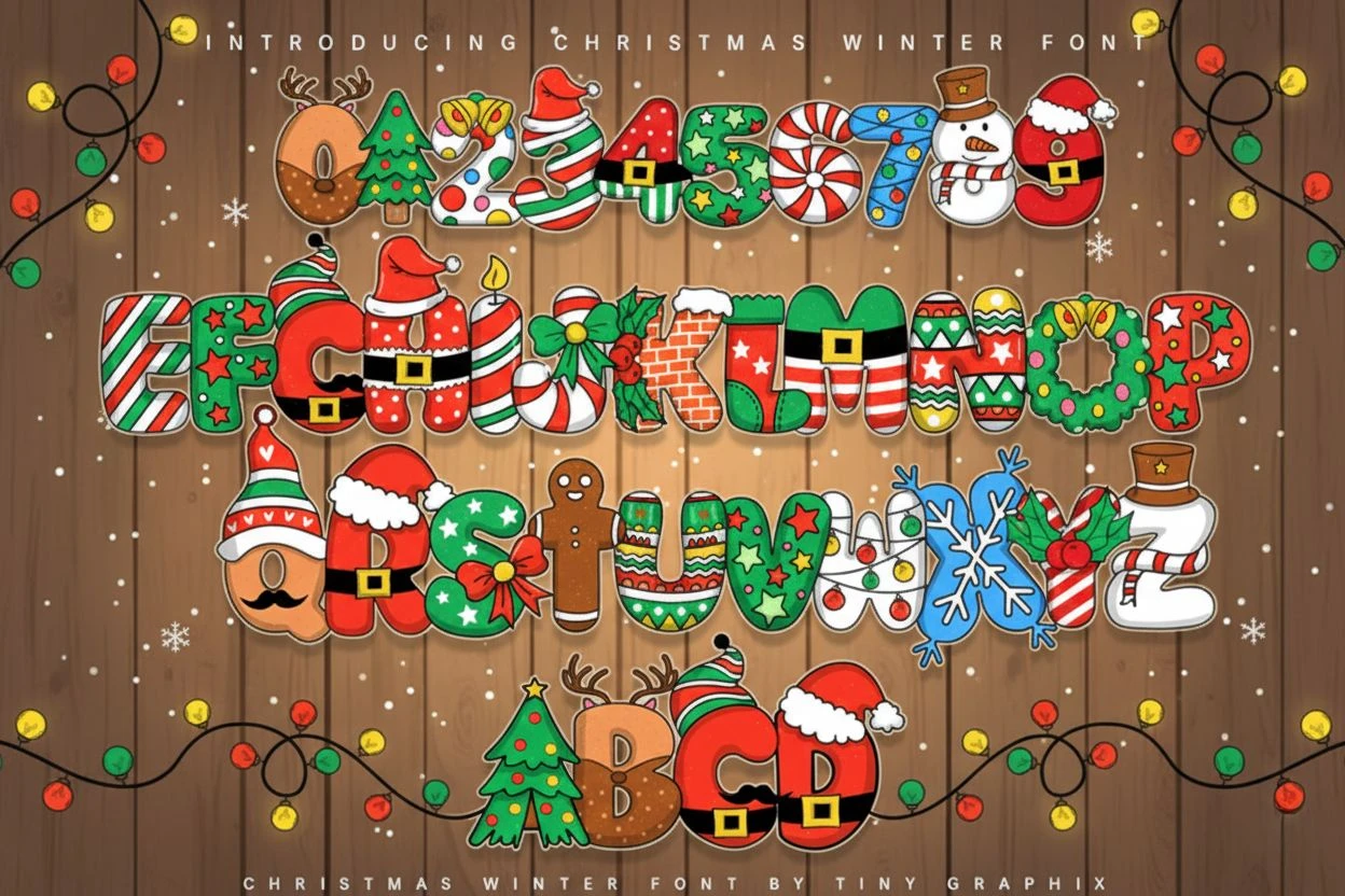 Christmas Winter Font — a colorful festive alphabet and numbers decorated with Santa hats, candy canes, gingerbread, snowflakes, ornaments, and holiday elements. A cute Christmas decorative font perfect for kids’ designs, greeting cards, posters, and winter projects.