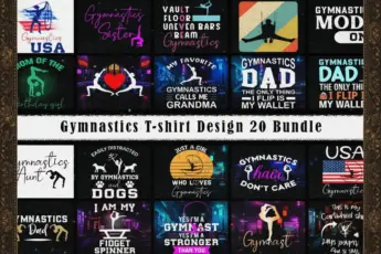 Gymnastics T-shirt design bundle with 20 unique graphics featuring gymnast silhouettes, motivational gymnastics quotes, funny sayings, mom and dad designs, USA flag gymnast art, and vintage retro styles. Perfect for crafting, sublimation, apparel printing, and sports-themed merchandise.