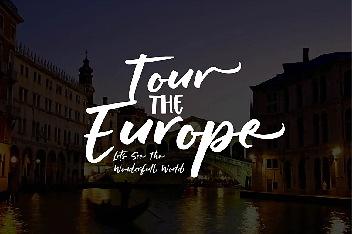 Raditya retro brush script font displayed over a night canal scene, featuring bold handmade lettering with smooth 60s–70s curves.