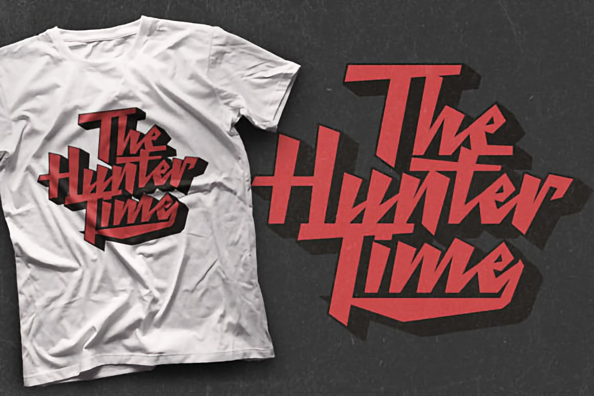 Retro Thunder bold brush script font displayed on a white T-shirt, featuring strong retro lettering with an 80s–90s vibe.