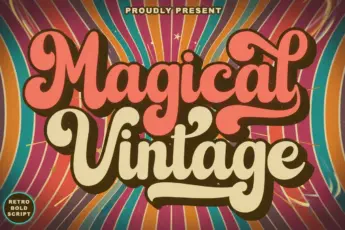 Magical Vintage is a bold retro script font with playful curves and an extruded 3D shadow style, ideal for vintage posters, retro branding, nostalgic packaging, t-shirt designs, and eye-catching typography inspired by 70s aesthetics.
