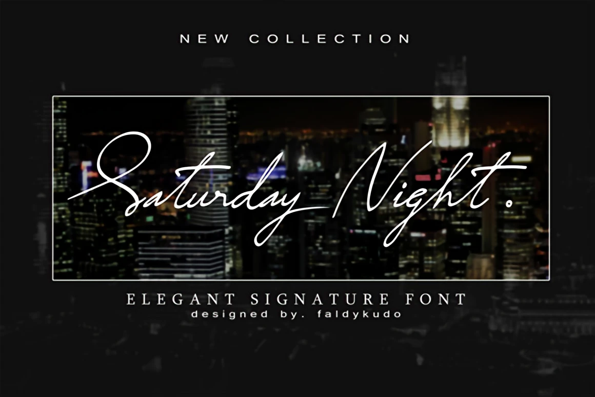 Saturday Night elegant retro script font displayed over a blurred city skyline, capturing a stylish 70s nightlife aesthetic.