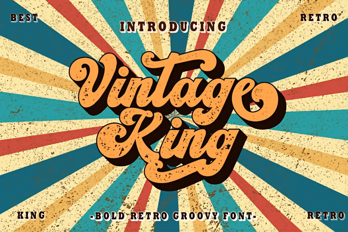 Vintage King bold retro groovy font displayed with textured script lettering over a colorful sunburst vintage background.