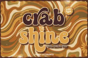 Crab Shine retro font — bold groovy typeface with playful alternates in brown and mustard colors, featuring a vintage 70s style design ideal for logos, posters, and creative branding.