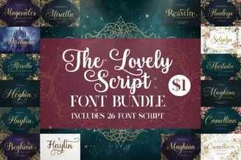 The Lovely Script Font Bundle promotional image showcasing 26 elegant and decorative script fonts with floral and vintage backgrounds. Includes calligraphy typefaces such as Magconles, Missella, Hasleda, Reastin, Camellina, and more. Stylish font collection ideal for branding, wedding invitations, logos, and creative design projects.