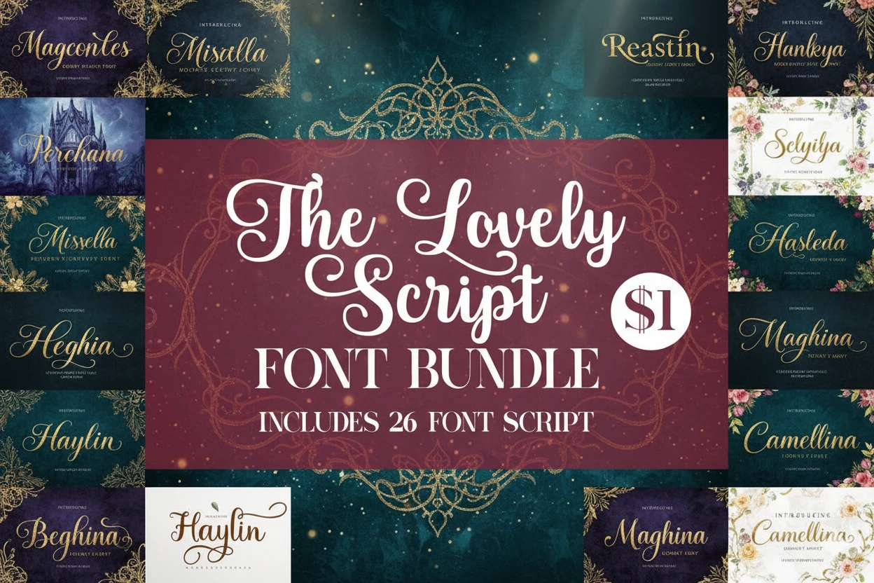 The Lovely Script Font Bundle promotional image showcasing 26 elegant and decorative script fonts with floral and vintage backgrounds. Includes calligraphy typefaces such as Magconles, Missella, Hasleda, Reastin, Camellina, and more. Stylish font collection ideal for branding, wedding invitations, logos, and creative design projects.