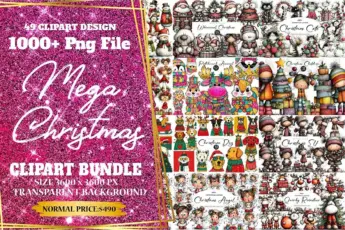 Mega Christmas clipart bundle with over 1000+ PNG files, including whimsical Christmas cats, reindeer, elves, angels, patchwork animals, festive kids, dogs, and winter characters. High-resolution 3600×3600 px illustrations with transparent background, perfect for Christmas crafts, sublimation, stickers, digital designs, and print-on-demand projects.