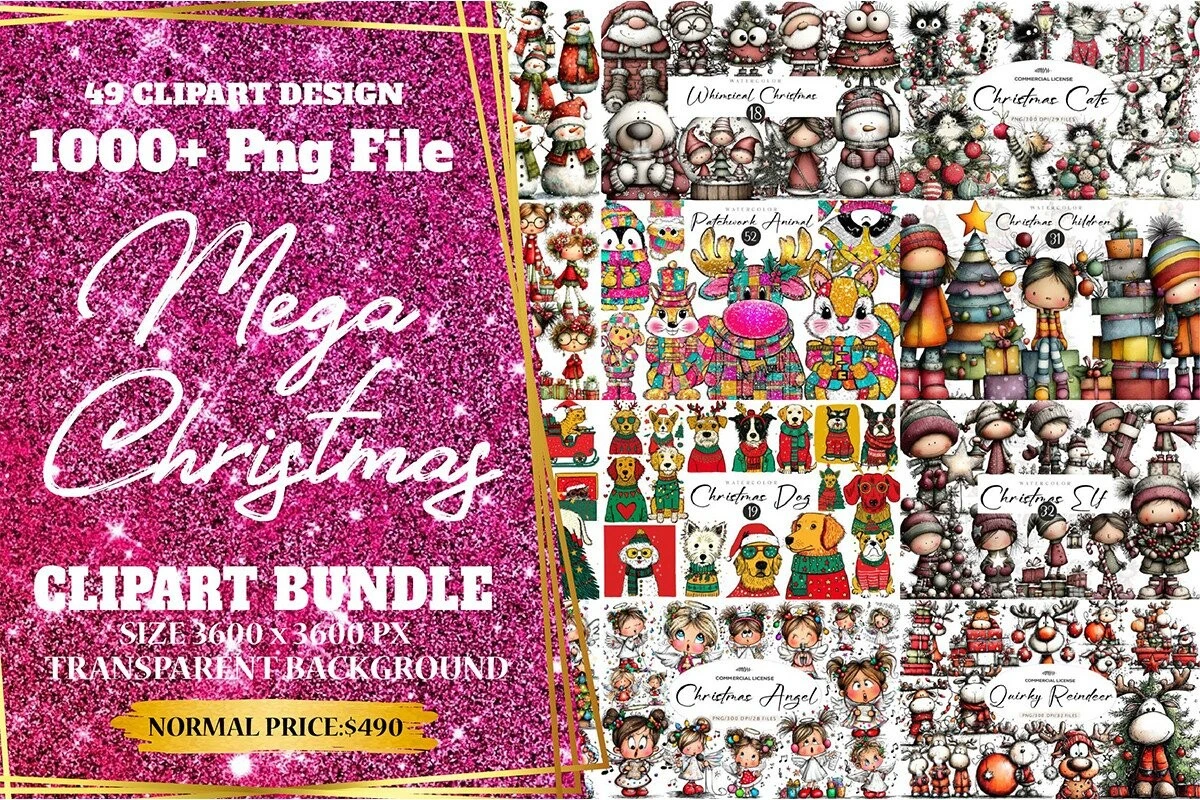 Mega Christmas clipart bundle with over 1000+ PNG files, including whimsical Christmas cats, reindeer, elves, angels, patchwork animals, festive kids, dogs, and winter characters. High-resolution 3600×3600 px illustrations with transparent background, perfect for Christmas crafts, sublimation, stickers, digital designs, and print-on-demand projects.