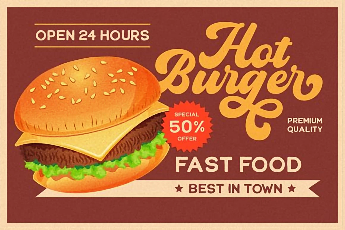 Hot Burger retro fast-food poster featuring vintage script lettering, a large burger illustration, and warm 70s-inspired color tones.