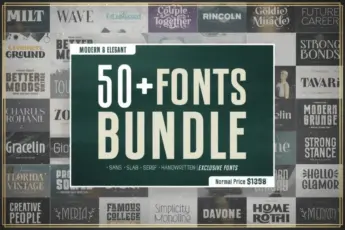 A sleek promotional image for a “Modern & Elegant 50+ Fonts Bundle.” The main design features a dark green banner with bold cream text reading: “50+ Fonts Bundle – Sans, Slab, Serif, Handwritten | Exclusive Fonts.” A circular badge displays the sale price of “$3,” with the original “Normal Price $1358” crossed out. The background showcases previews of various modern font designs, including “Milt,” “Common Ground,” “Rincoln,” “Strong Bonds,” “Creative People,” and “Modern Grunge.” The overall aesthetic is clean, professional, and contemporary, appealing to designers seeking versatile, stylish typefaces.