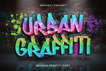 Urban Graffiti — современный граффити шрифт в неоновых цветах с яркими брызгами краски и уличной эстетикой, идеально подходит для постеров, хип-хоп дизайна, стрит-арт проектов, логотипов и креативной типографики.