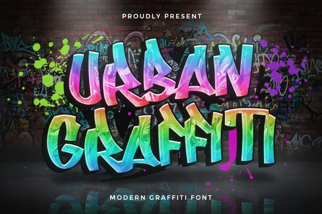 Urban Graffiti — современный граффити шрифт в неоновых цветах с яркими брызгами краски и уличной эстетикой, идеально подходит для постеров, хип-хоп дизайна, стрит-арт проектов, логотипов и креативной типографики.