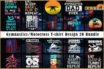Gymnastics and motocross t-shirt design bundle including 20 unique graphics with gymnastics silhouettes, dirt bike riders, motivational sports quotes, retro sunset styles, and bold typography. Perfect for printing on shirts, apparel, gifts, and sports merchandise.