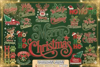 Christmas embroidery clipart collection featuring 18 festive designs, including “Merry Christmas,” “Holly Jolly Christmas,” “Ho Ho Ho,” reindeer faces, holly leaves, Santa hats, Christmas truck with tree, snowflakes, and decorative stitched lettering on a green textured background—perfect for holiday crafts, sublimation, stickers, and seasonal DIY projects.