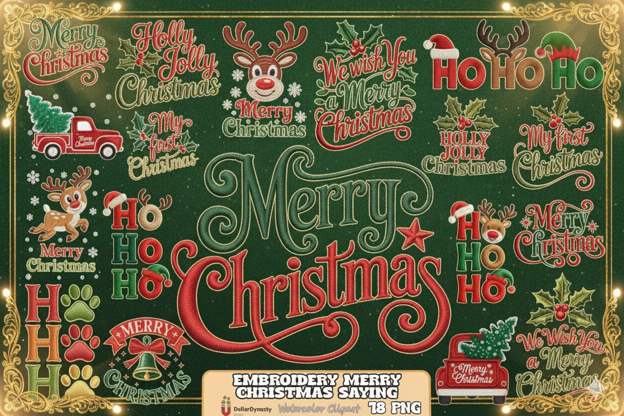 Christmas embroidery clipart collection featuring 18 festive designs, including “Merry Christmas,” “Holly Jolly Christmas,” “Ho Ho Ho,” reindeer faces, holly leaves, Santa hats, Christmas truck with tree, snowflakes, and decorative stitched lettering on a green textured background—perfect for holiday crafts, sublimation, stickers, and seasonal DIY projects.