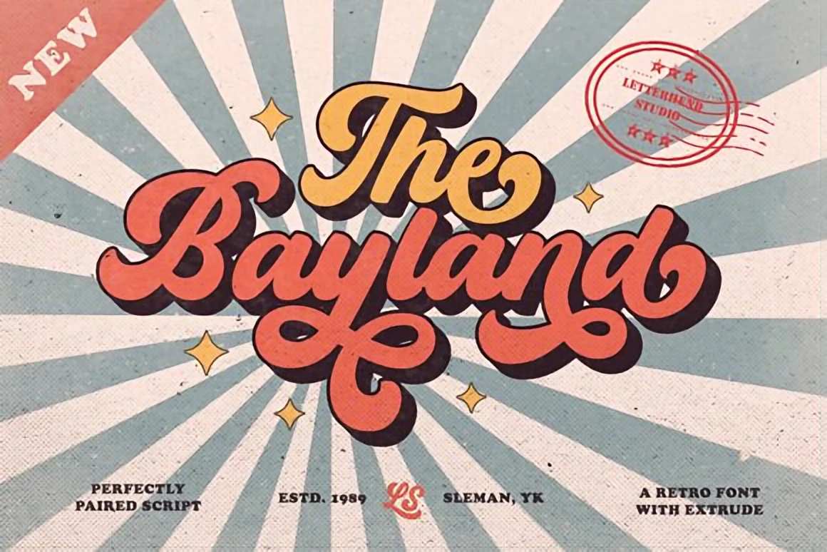 The Bayland retro script font displayed with bold extruded lettering and textured vintage sunburst background for classic designs.