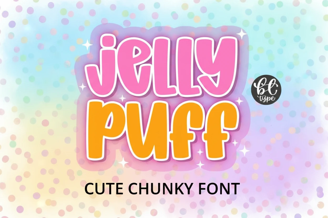 Jelly Puff is a bright and adorable chunky display font with soft rounded letters in pink and orange tones, ideal for kids’ projects, branding, stickers, invitations, crafting, and fun creative designs.