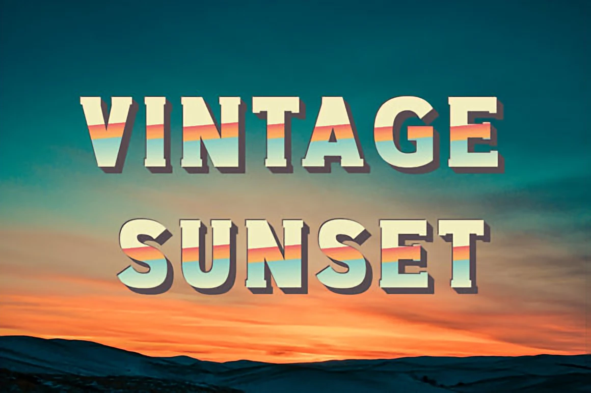 Vintage Sunset bold retro font showcased over a dramatic sunset sky, featuring thick geometric lettering for nostalgic poster designs.