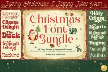 Christmas Font Bundle — festive vintage-style font collection with playful serif lettering, Santa illustration, and Christmas decorations. Features 16 creative fonts including Blossom Wonder, Cheese Delight, and Holy Cream. Perfect for holiday cards, invitations, posters, and festive typography design projects.