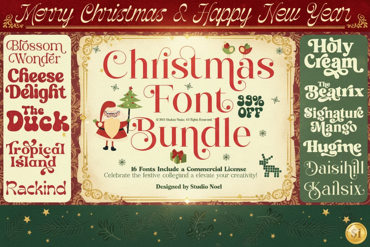 Christmas Font Bundle — festive vintage-style font collection with playful serif lettering, Santa illustration, and Christmas decorations. Features 16 creative fonts including Blossom Wonder, Cheese Delight, and Holy Cream. Perfect for holiday cards, invitations, posters, and festive typography design projects.