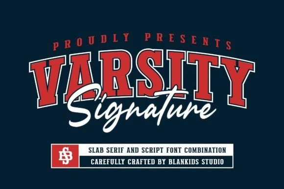 Varsity Signature is an athletic slab serif and script font combination featuring classic varsity lettering with a stylish handwritten signature accent. Ideal for sports team branding, college apparel, jerseys, championship posters, school spirit designs, and bold athletic typography.