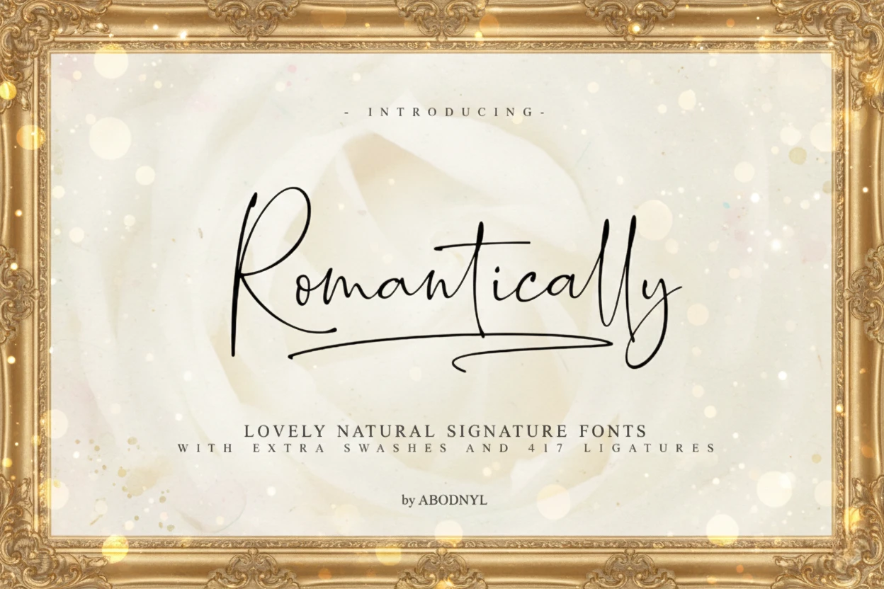 Romantically wedding calligraphy font displayed in a decorative gold frame with soft bokeh and elegant handwritten strokes.