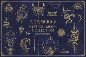 Mystical Moon Collection — elegant celestial clipart set with gold moon phases, stars, constellations, crystals, butterflies, and floral elements. Perfect for boho designs, spiritual branding, witchy art, tarot cards, and moon magic illustrations. Includes 47 elements in EPS, PNG, SVG, and DXF formats.