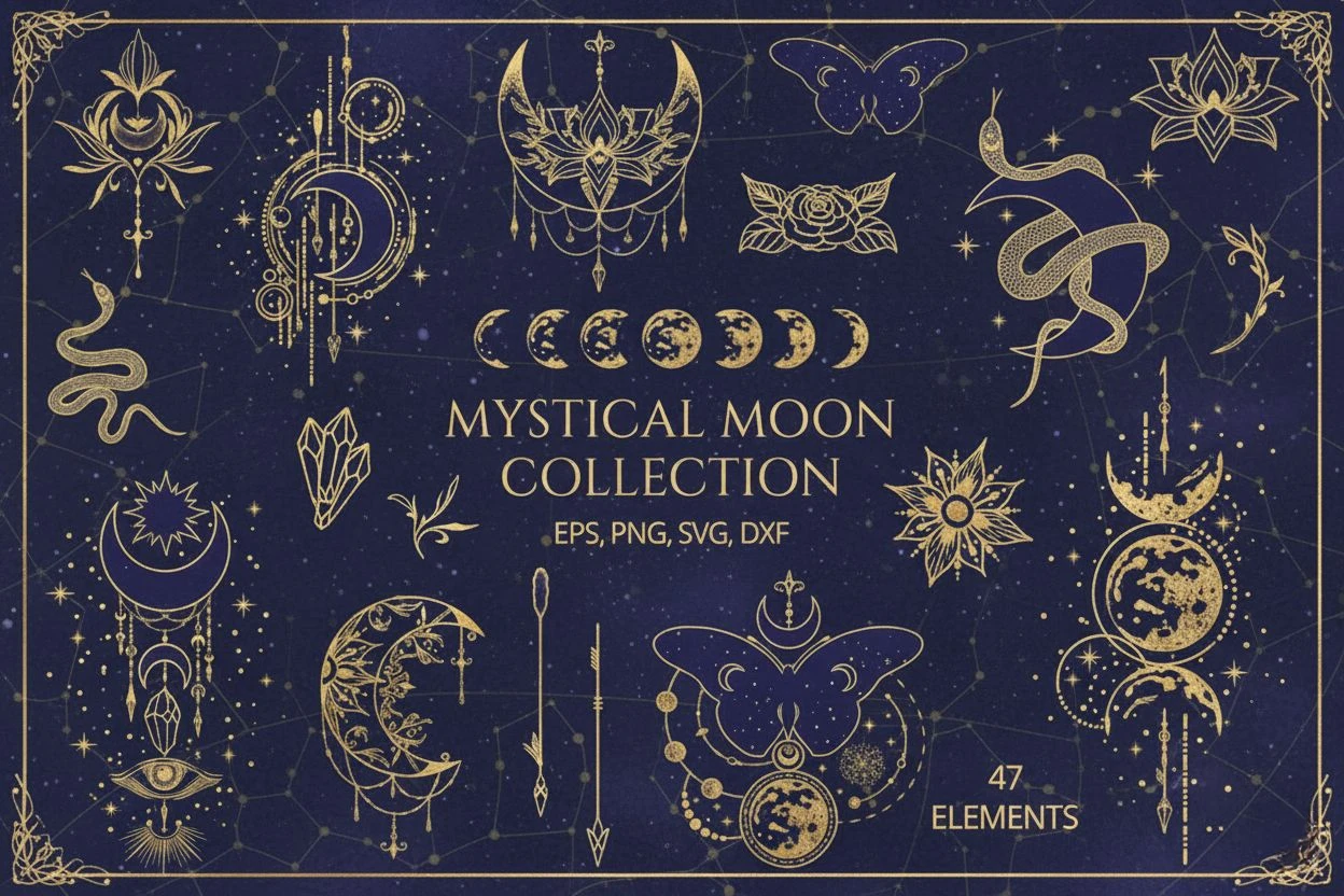 Mystical Moon Collection — elegant celestial clipart set with gold moon phases, stars, constellations, crystals, butterflies, and floral elements. Perfect for boho designs, spiritual branding, witchy art, tarot cards, and moon magic illustrations. Includes 47 elements in EPS, PNG, SVG, and DXF formats.