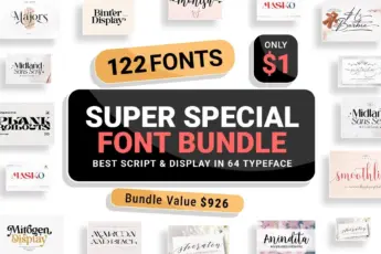 Super Special Font Bundle includes 122 high-quality fonts in 64 typefaces. Perfect for designers — serif, script, calligraphy, brush, and signature styles.