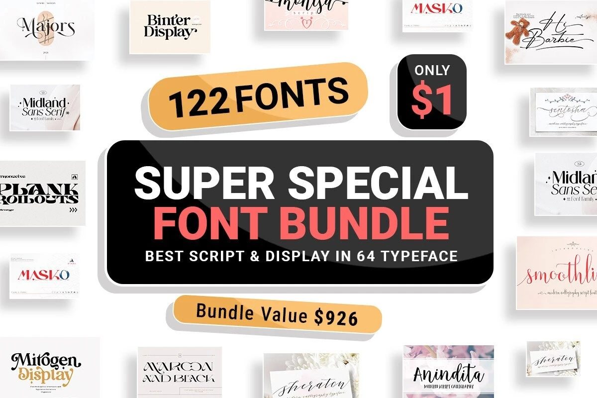 Super Special Font Bundle includes 122 high-quality fonts in 64 typefaces. Perfect for designers — serif, script, calligraphy, brush, and signature styles.