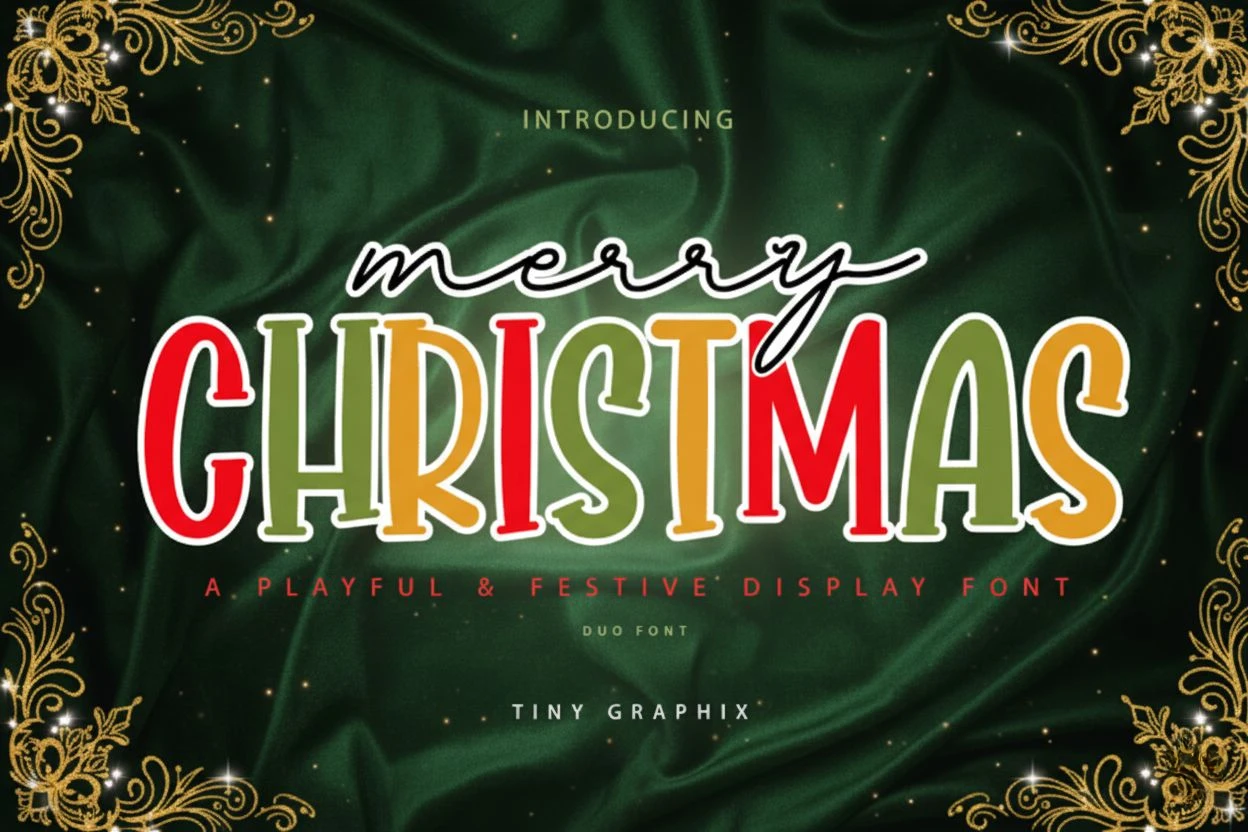 Merry Christmas Duo Font — playful festive display typeface in red, green, and gold, featuring holiday lettering perfect for Christmas cards, winter designs, and seasonal crafts.