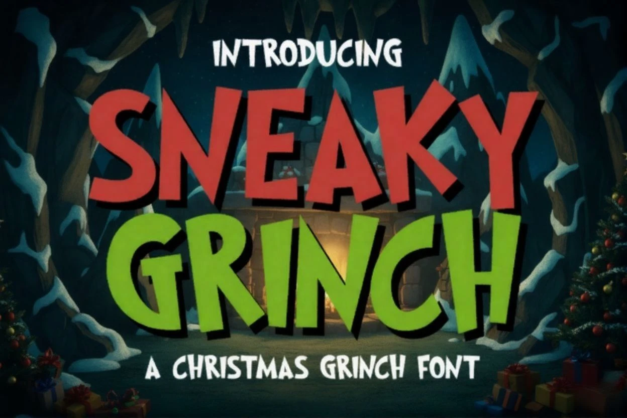 Sneaky Grinch font — fun cartoon-style Christmas typeface inspired by the Grinch. Features bold red and green letters with a playful holiday look, set against a cozy winter cave scene with Christmas trees and presents. Perfect for festive designs, posters, cards, and children’s holiday projects.