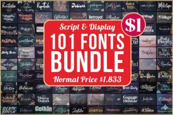 A promotional image for a “Script & Display 101 Fonts Bundle.” The bold red center panel features large white text reading: “101 Fonts Bundle – Normal Price $1,833,” with a pink circular badge showing the sale price of “$1.” The background showcases a collage of various elegant and creative font previews, including names like “Romantic Angela,” “Vintage Culture,” “Hello Balegia,” “Gotkin,” “Relax Brush,” and “Calissa.” The overall design highlights a large, high-value font collection ideal for designers seeking stylish script and display typefaces at a discounted price.