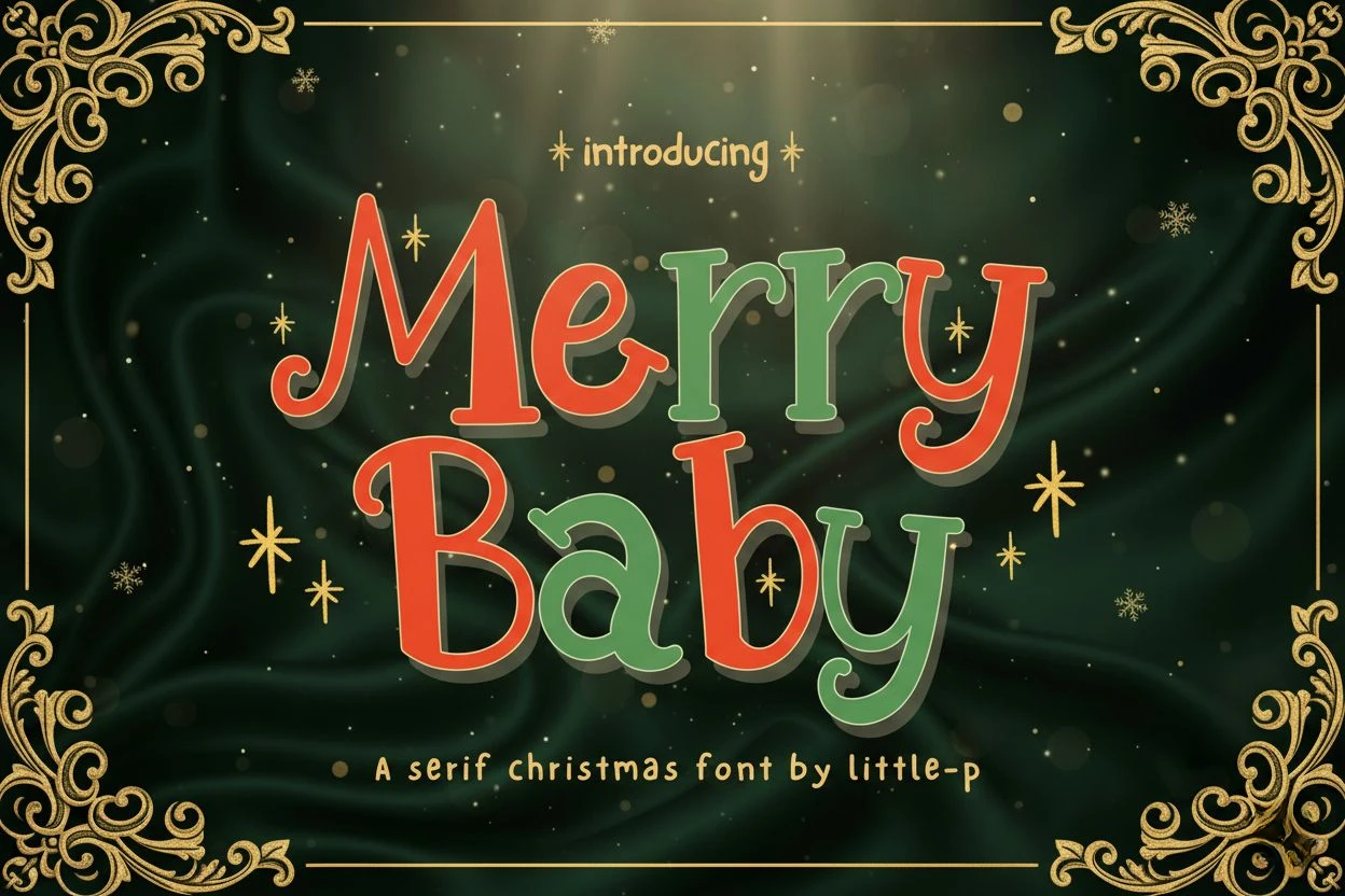 Merry Baby Christmas font — a cute and playful serif holiday typeface in red and green lettering, decorated with golden star accents. Ideal for Christmas cards, children’s holiday projects, festive posters, invitations, SVG crafts, and winter-themed branding.