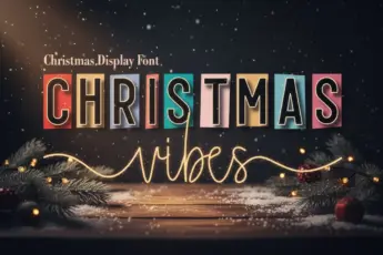 Christmas Vibes display font featuring colorful block letter typography combined with a glowing handwritten script on a festive wooden table decorated with pine branches and holiday lights — ideal for Christmas cards, seasonal branding, winter invitations, and cozy holiday designs.