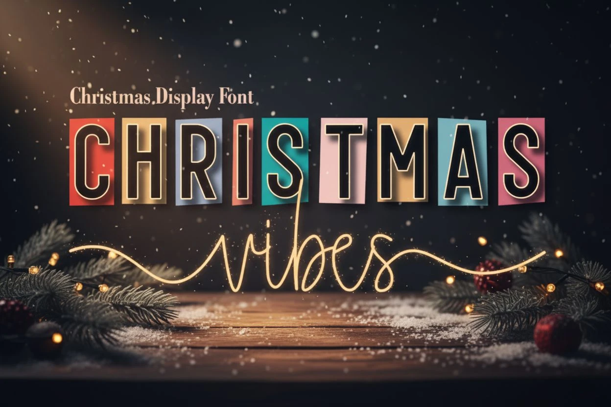Christmas Vibes display font featuring colorful block letter typography combined with a glowing handwritten script on a festive wooden table decorated with pine branches and holiday lights — ideal for Christmas cards, seasonal branding, winter invitations, and cozy holiday designs.