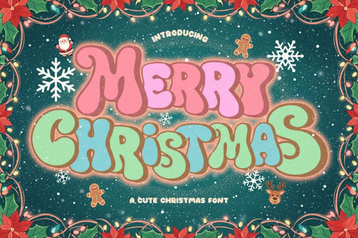 Merry Christmas font — cute and playful holiday typeface with pastel bubble letters in pink, green, and blue tones, surrounded by festive elements like snowflakes, poinsettias, Santa, and gingerbread cookies. Perfect for Christmas cards, kids’ crafts, posters, and winter designs.